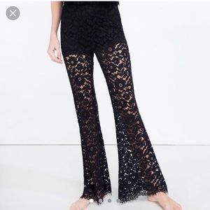 Zara Sheer Lace Flare High Waist Pants Black Navy S.